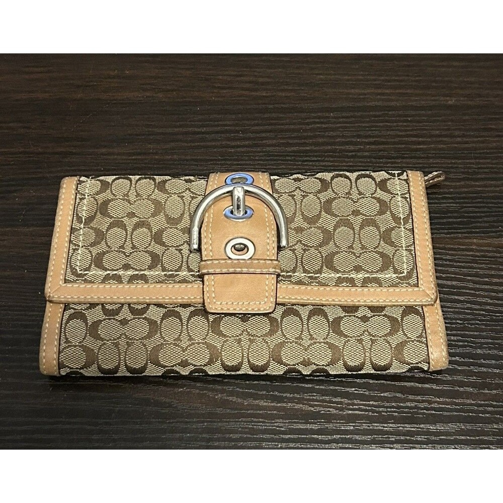 Coach Signature C Wallet Beige Tan Canvas Leather Buckle Y2K Vintage